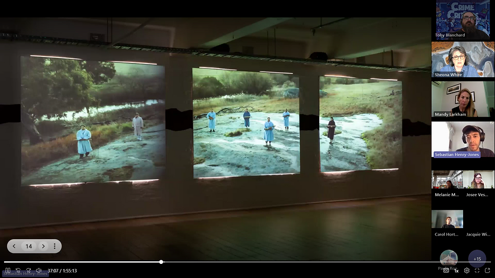 Three side-by-side screens show people in blue robes in a grassy landscape. On the right, a video call displays participants' faces.