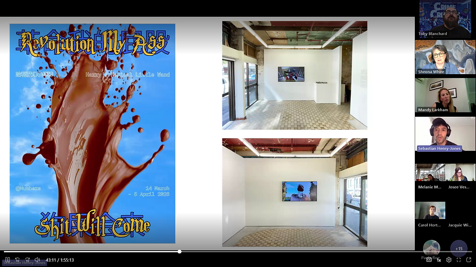 Virtual meeting discussing an art gallery. Blue poster with splash design reads "Revolution My Ass," and gallery photos show a screen on a wall.