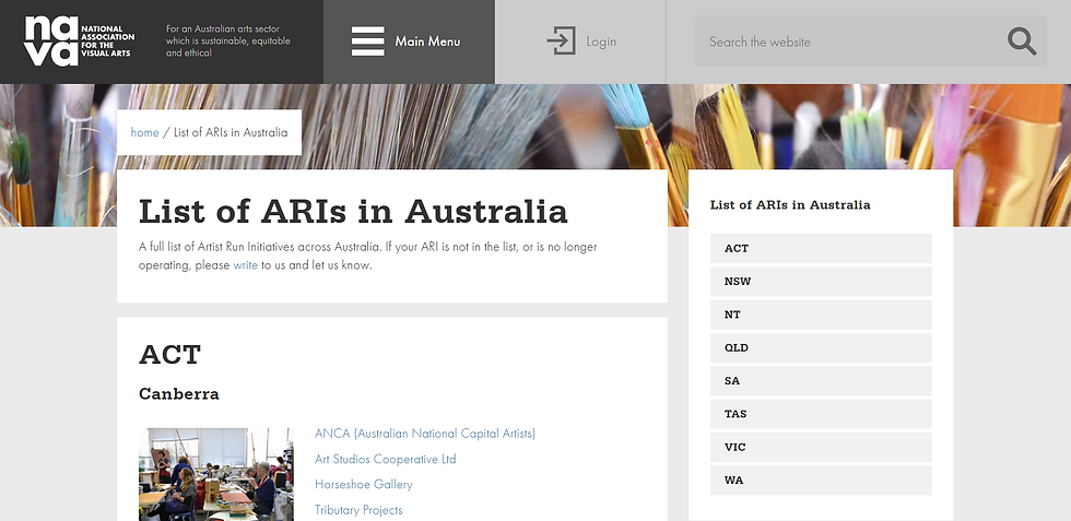 Website of the National Association for the Visual Arts, showing a "List of ARIs in Australia" with menu and login options. Colorful brushes in background.