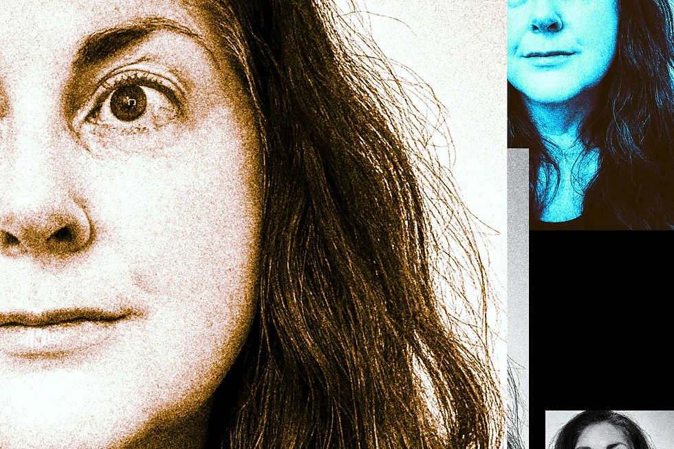Collage of a woman’s face in close-up, with sepia and blue-tinted versions on a black background.