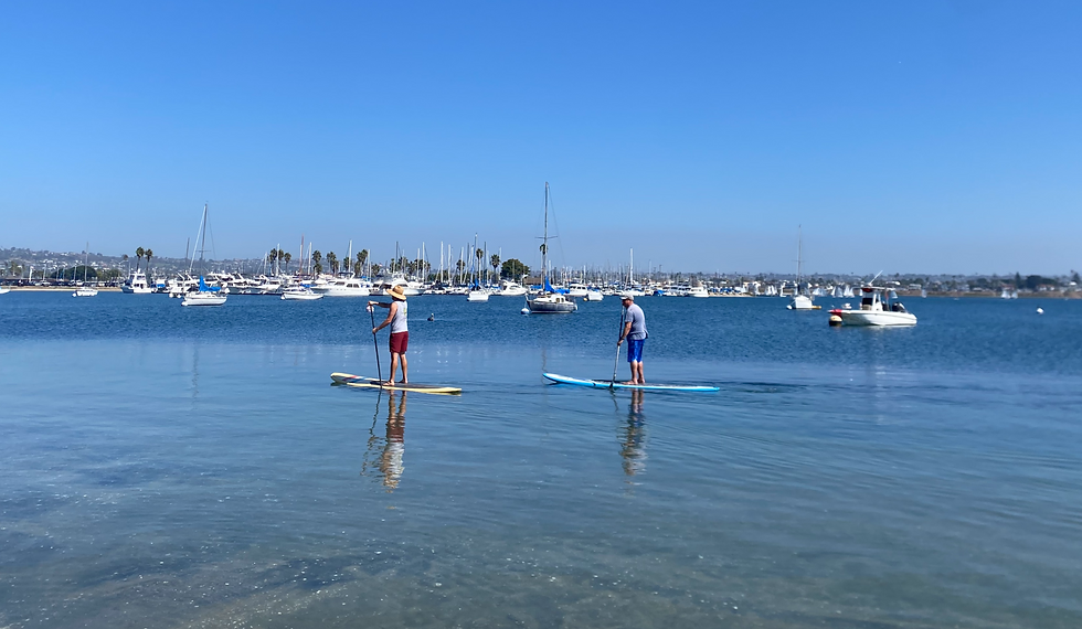 paddleboarders in hats to protect from sun in san diego