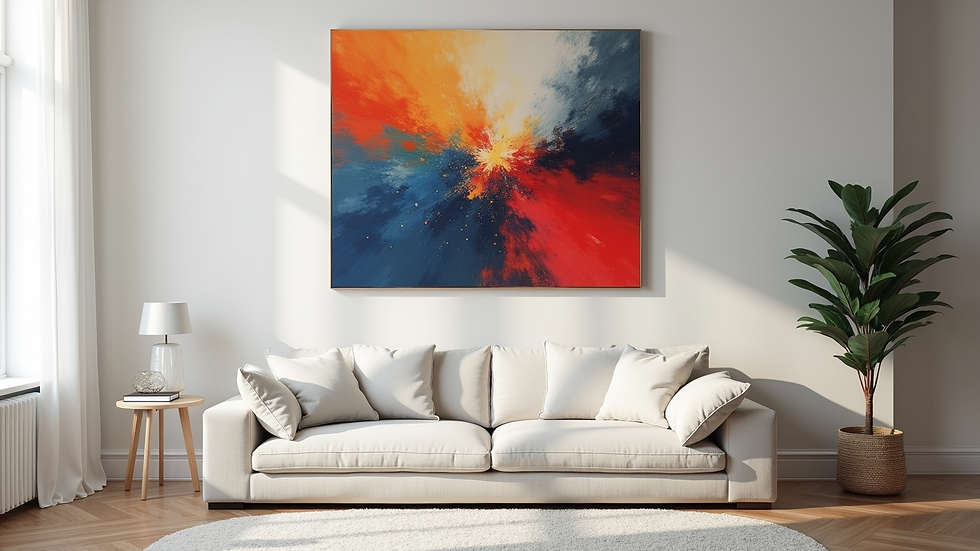 Eye-level view of a vibrant abstract canvas print hanging on a wall