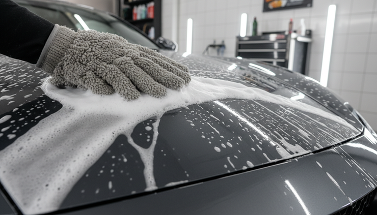 Close-up view of a wash mitt moving across a soapy car bonnet