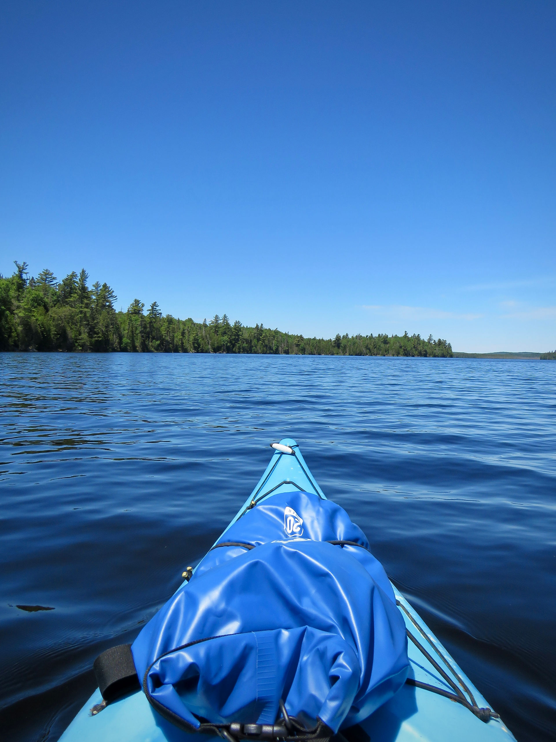 Tip of kayak overlooking lake and pines