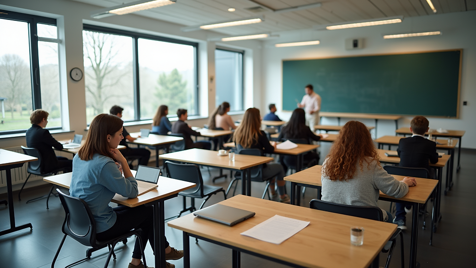 High angle view of a modern classroom with students engaged in diverse learning activities