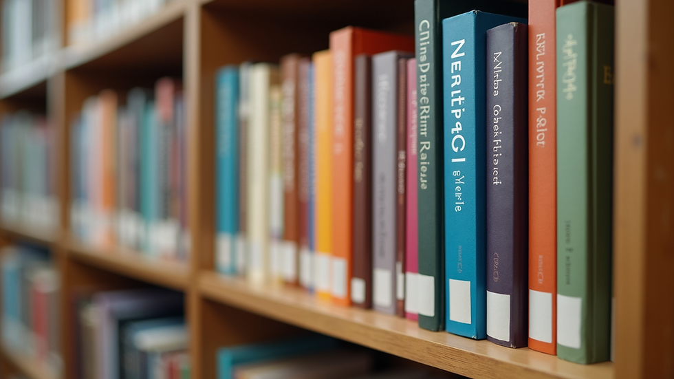 Close-up of colorful books on neurodiversity topics in a well-organized library.