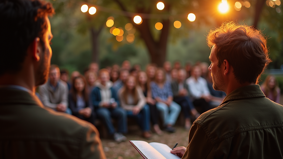 High angle view of a community storytelling event with a volunteer host speaking
