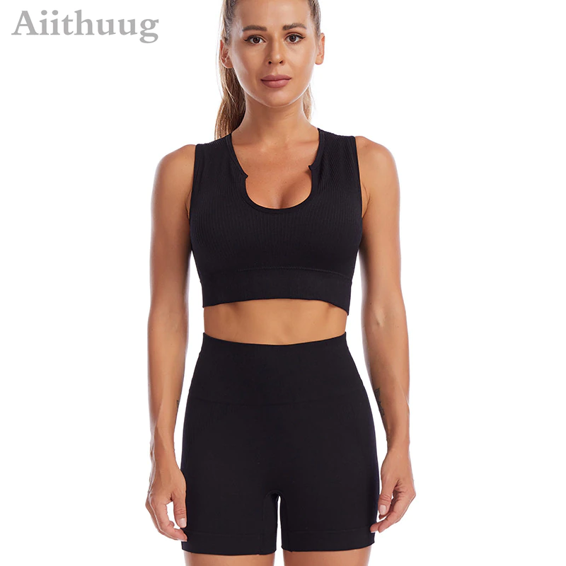 Thumbnail: Women 2 Piece Seamless Ribbed Sports Bra High Waist Yoga Shorts 