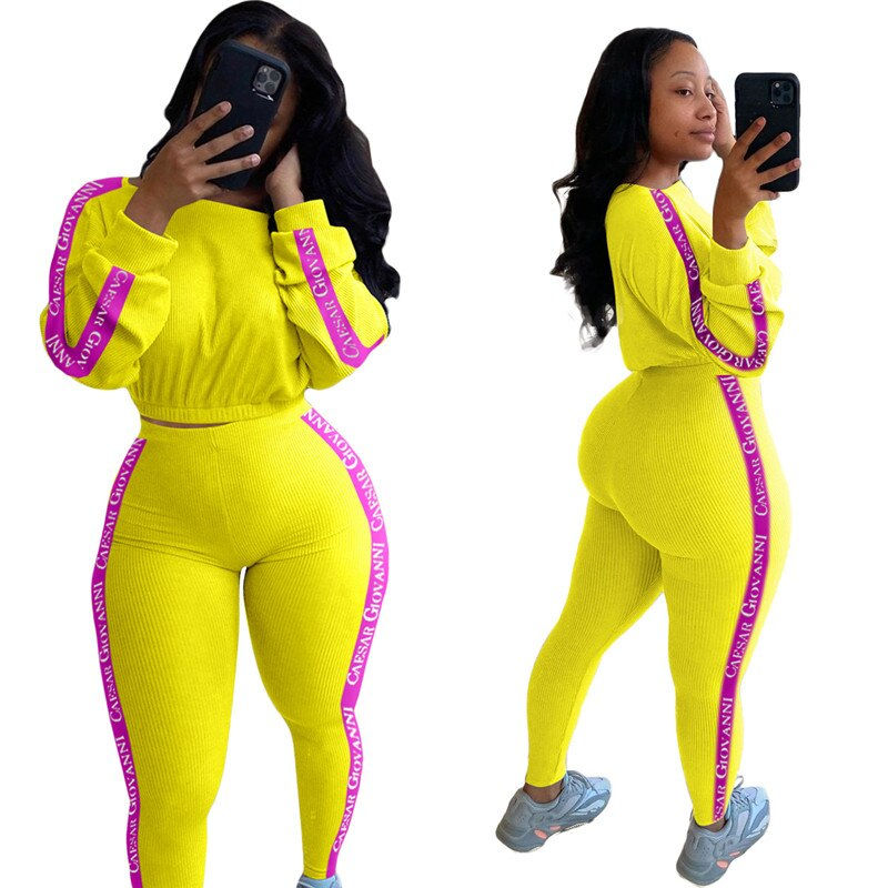Thumbnail: Women 2 Piece Set Ribbed Bodycon Outfits Tracksuit 