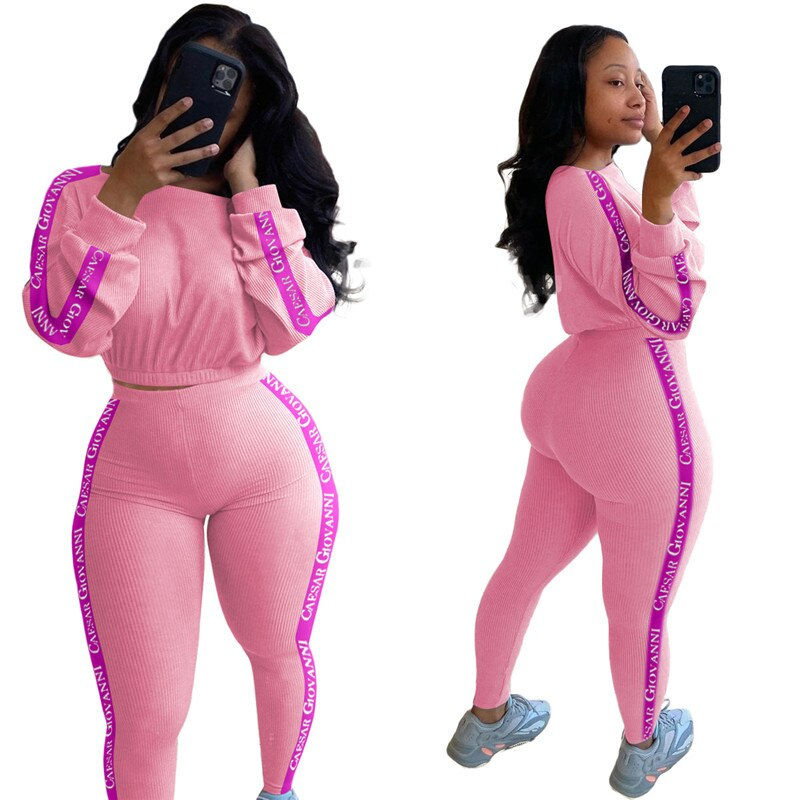 Thumbnail: Women 2 Piece Set Ribbed Bodycon Outfits Tracksuit 