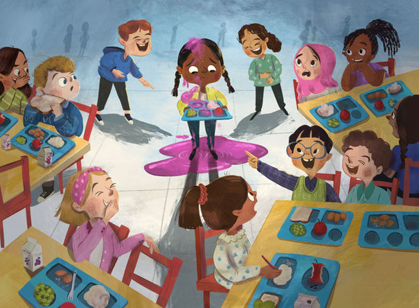 Picture book character on Indian Girl in school having a mishap, emotional, kid lit, juice spill, bullying