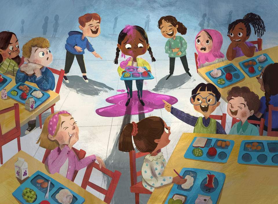 Picture book character on Indian Girl in school having a mishap, emotional, kid lit, juice spill, bullying