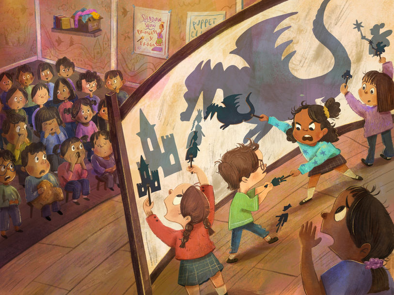 Kidlit Illustration of a bunch of school kids putting on a shadow puppet show; School Kidlit Illustration