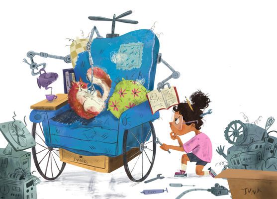 Steam Picture Book concept of a kid building a reading couch with mechanical hands to pour tea and cuddle with her cat
