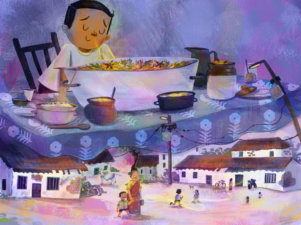 Such asian picture book scene of a boy reminiscing his time with his grandmother through food. Food illustration. Kidlit art, food kid lit, picture book art