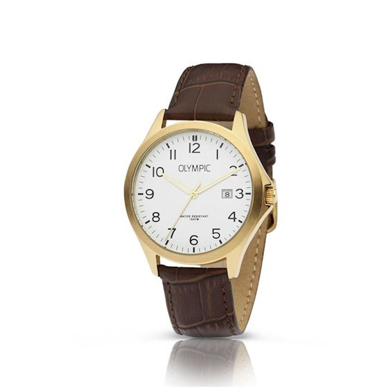 OL72HDL002 Olympic Robin herenhorloge goudkleurige kast en leren bruine band