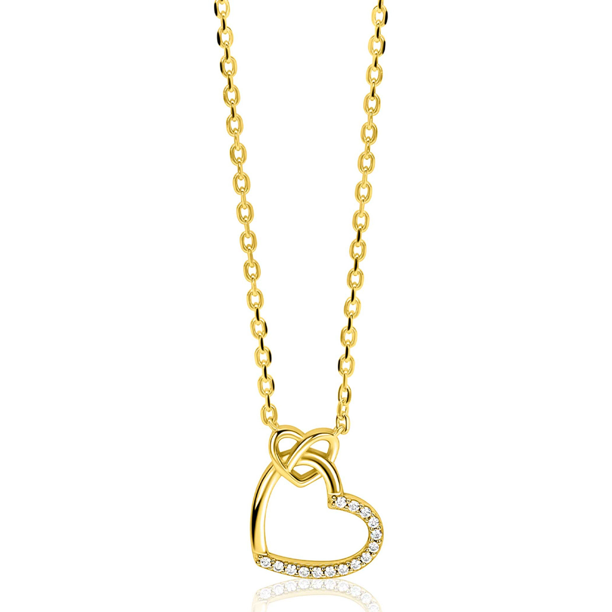ZIC2874Y ZINZI goldpated zilveren collier met 2 harten verbonden en zirconia