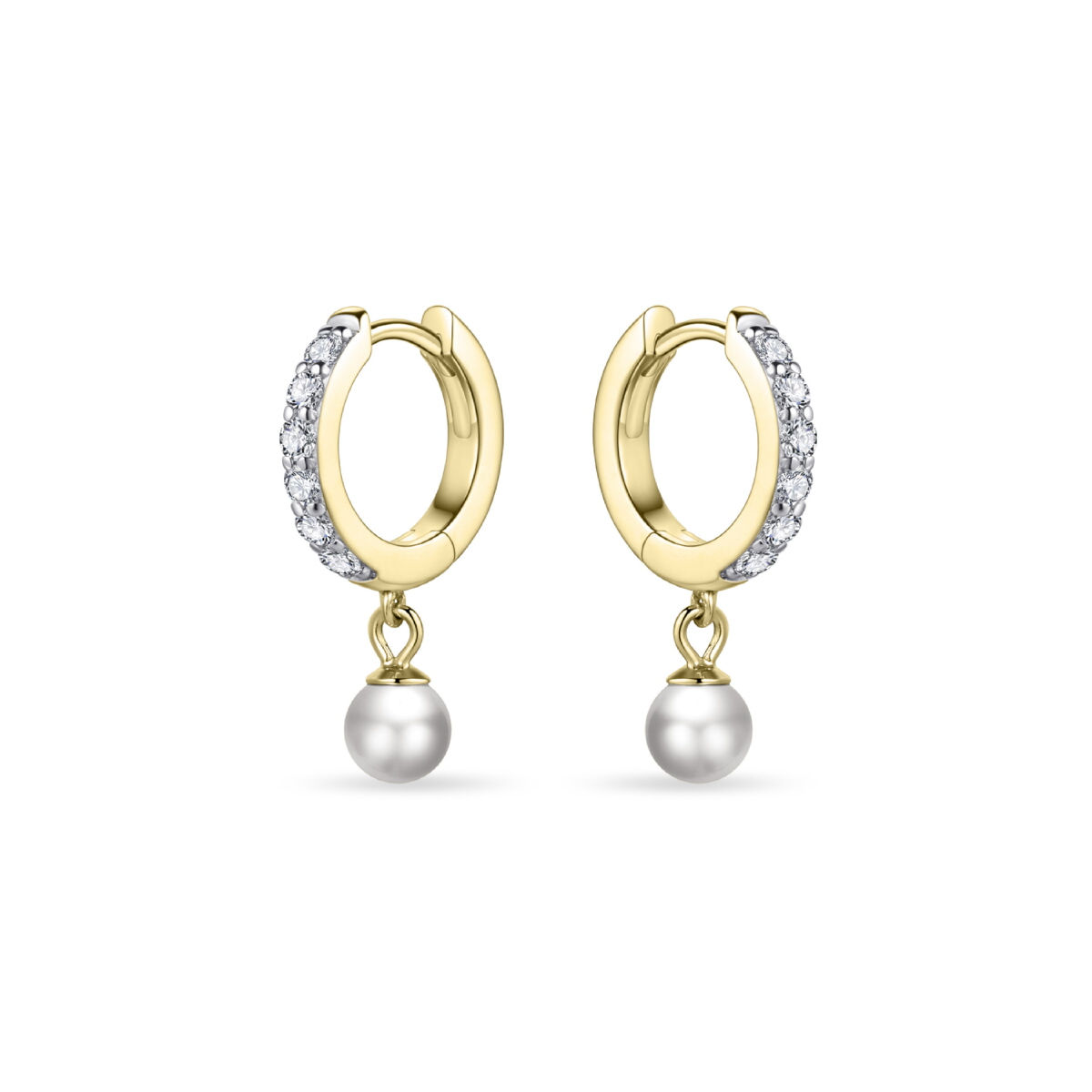 KC1011Y Gisser Jewels zilver vergulde klapcreolen zirconia en parelhanger