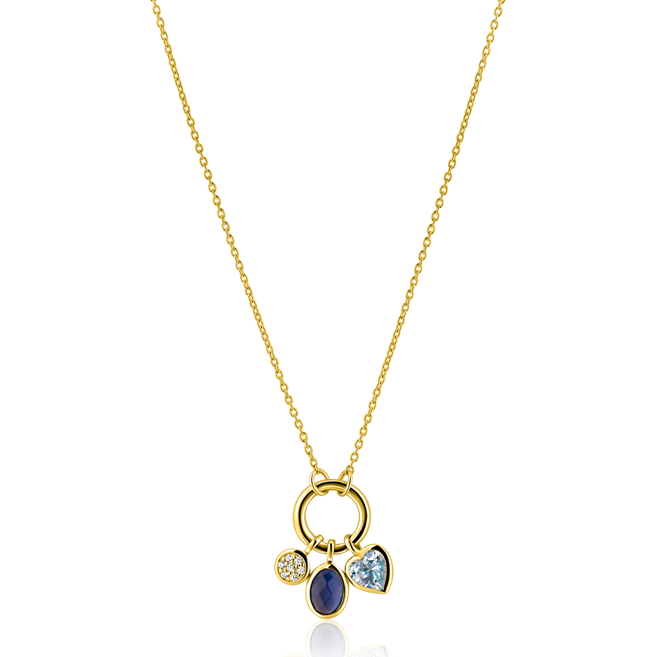 ZIC2737 ZINZI goldplated zilveren collier met ronde voorsluiting en 3 bedels