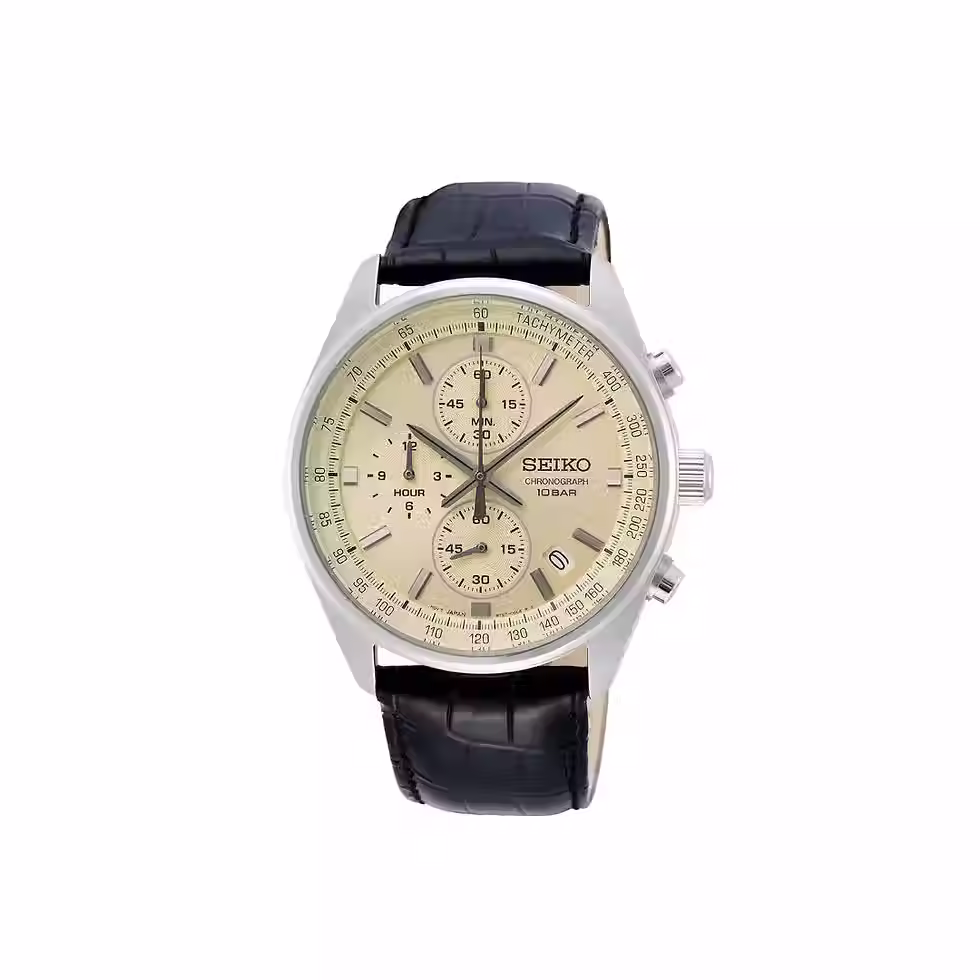 SSB383P1 Seiko heren chronograaf staal zwart leer creme