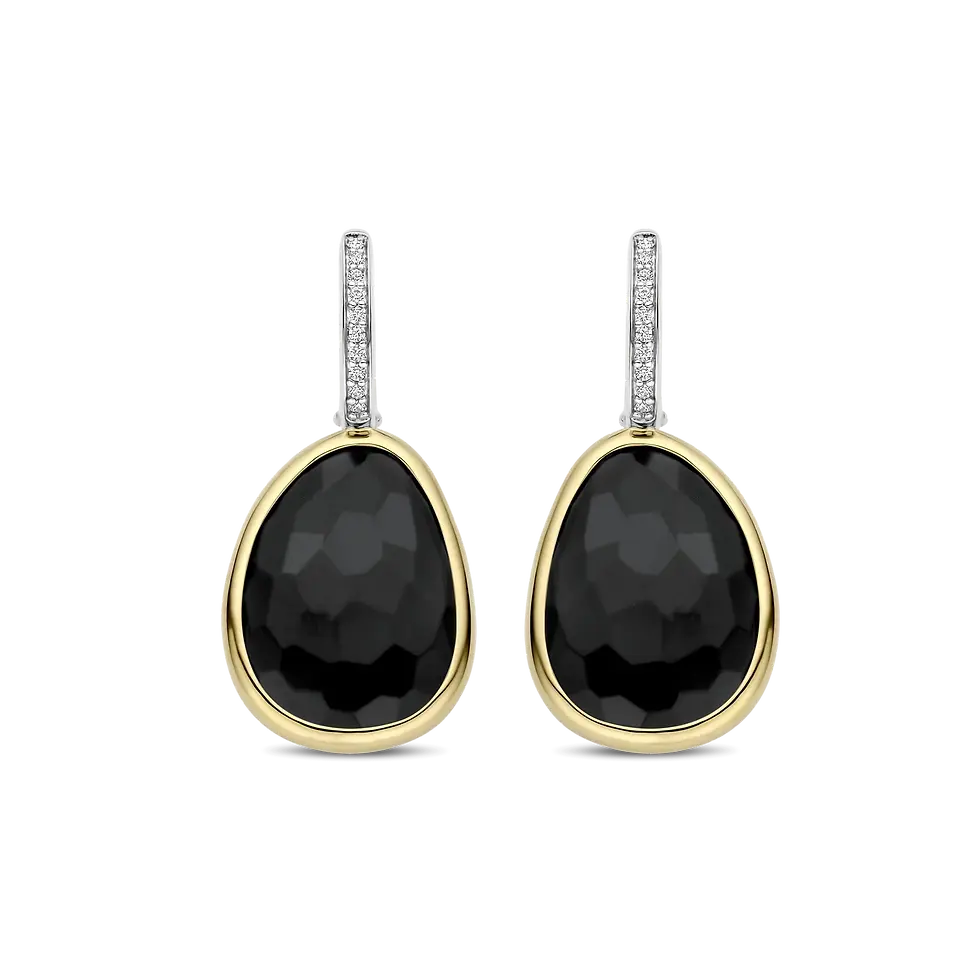 78026BY Ti Sento zilveren creolen geelgoud verguld met zirconia en zwarte steen