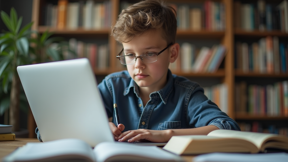 Eye-level view of a student studying with books and a laptop