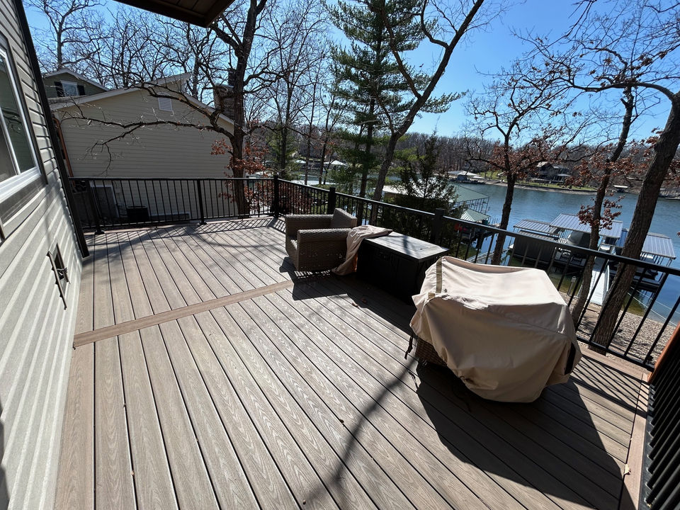 Deckorators composite decking on a lakeview deck in Osage Beach, Missouri, designed for durability, low maintenance, and scenic outdoor living