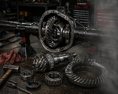 Industrial garage with disassembled differential gears.png