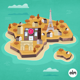 Flat vector illustration of an island with Paris elements.