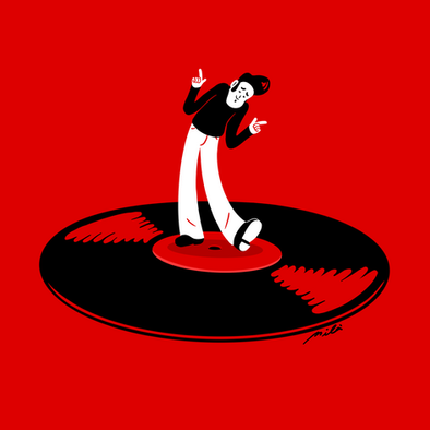 Minimalist illustration by Alejandro Milà: a stylish young man in black turtleneck and white trousers dances joyfully with finger guns on top of a giant spinning vinyl record. Bold red background, black-and-white figure, signed 'milà' in the lower right.
