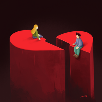 Conceptual illustration of a broken heart, with one member of the couple sitting on a fragment of it as a tiny character.