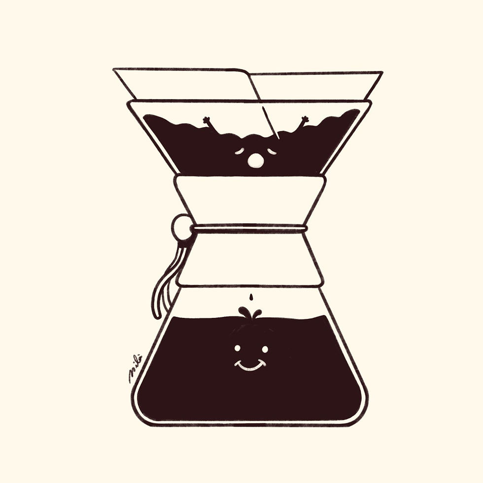 Conceptual illustration by Alejandro Milà of a Chemex coffee maker: coffee grounds on top form a yawning face with tiny arms stretched out, while the coffee below smiles with a splash resembling hair.