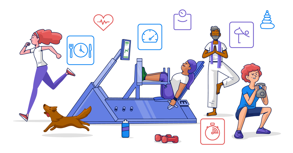 Vector illustration of diverse people engaged in gym activities; a woman running, another on a treadmill, a man lifting weights, and a dog running nearby. fitness icons float above.