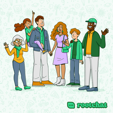 The artwork depicts a joyful family participating in lively conversations, illustrated with vibrant colors and playful elements to encapsulate the essence of fun and connection. Each character is uniquely designed to highlight the diverse and inclusive nature of Rootchat’s community.