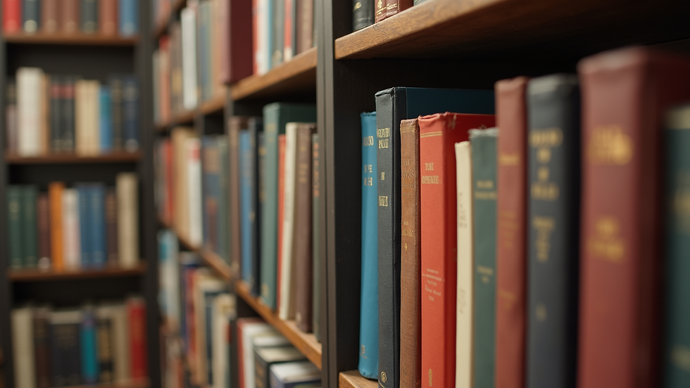 Eye-level view of a bookshelf filled with colorful novels