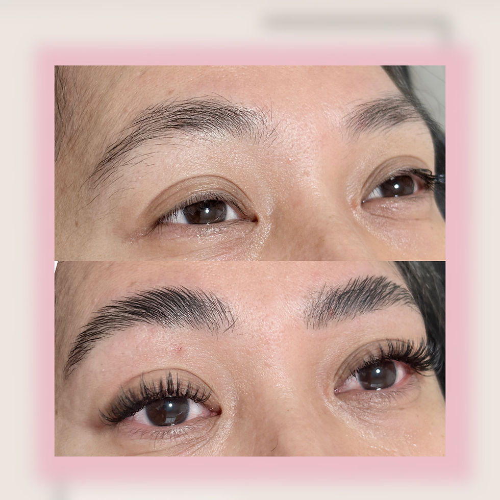 before and after of brow wax and shaping, Hybrid lash extensions