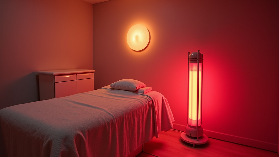 Eye-level view of a cozy treatment room with a red light therapy device ready for use