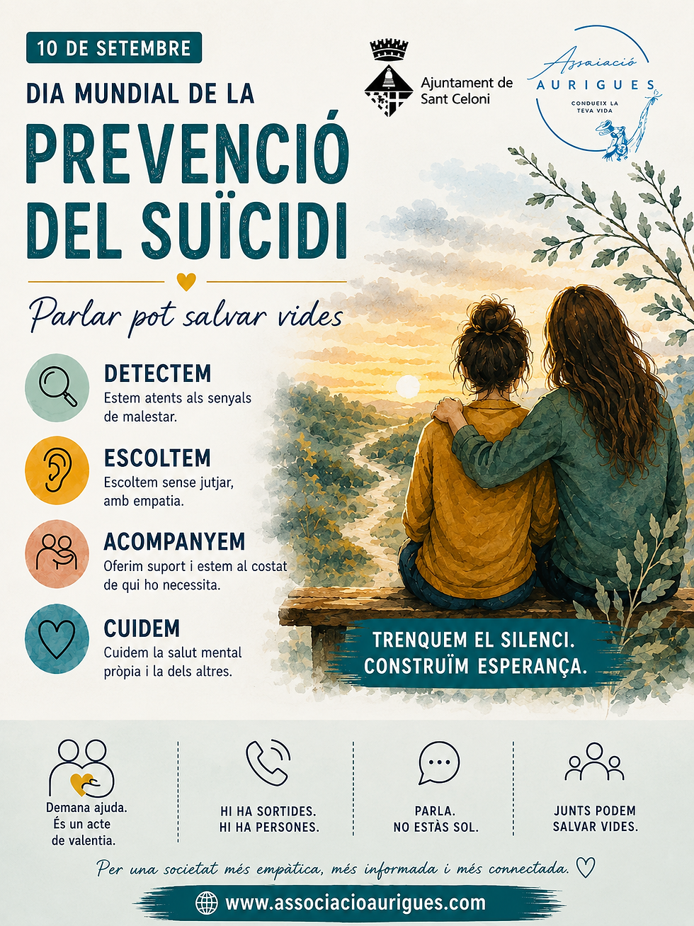 Cartel en catalán por el Día Mundial de la Prevención del Suicidio, con dos mujeres al atardecer y mensajes de apoyo.