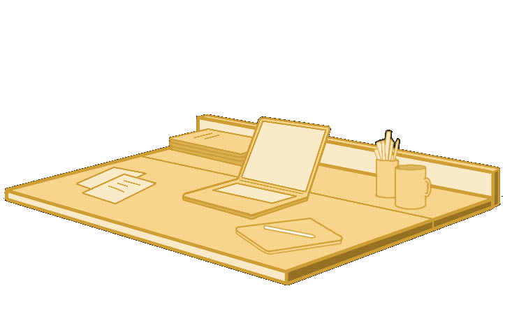 scrivania del nostro studio di architettura, con sopra computer, disegni, pratiche edilizie