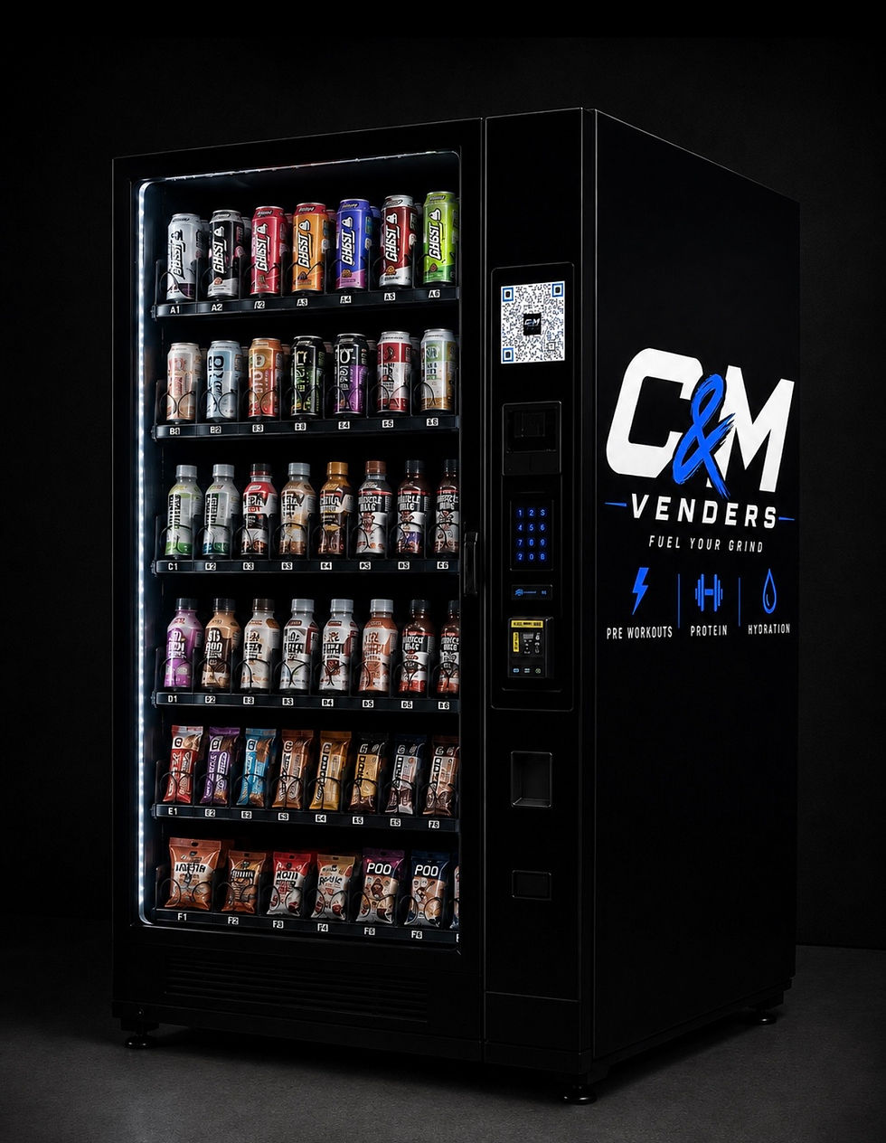 tall black vending machine filled with colorful fitness drinks and snacks, C&M Venders branding on the right, dark background, portrait