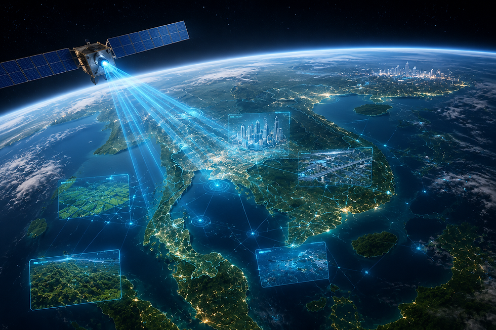 AI-powered Earth observation satellite scanning Thailand from low Earth orbit, displaying geospatial analytics, smart city networks, infrastructure monitoring, and environmental intelligence.