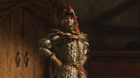 Hombre posnado con un disfraz de pollo o gallina en el mundo de Fable (El nuevo videojuego)