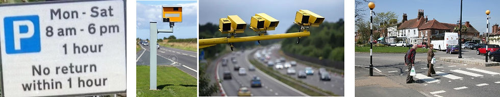 주차 표지판 (월-토 8am-6pm 시간 주차 단속, 최대 1시간 주차 가능, 같은 구역 연속 주차 불가), 과속 카메라, 호박등