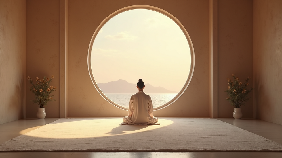 Eye-level view of a serene meditation room with soft lighting