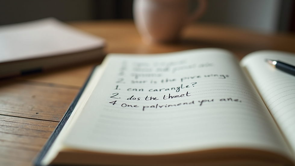 Close-up view of a notebook with handwritten questions for a healing session