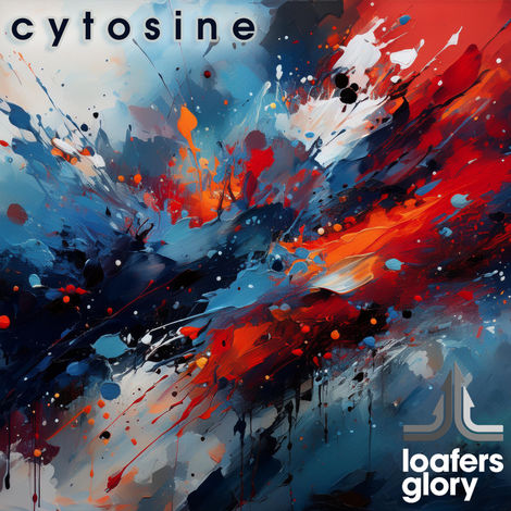 Red, Blue, and Grey paint in violent splatters, Cytosine at the top, Loafers Glory arrow logo at the bottom