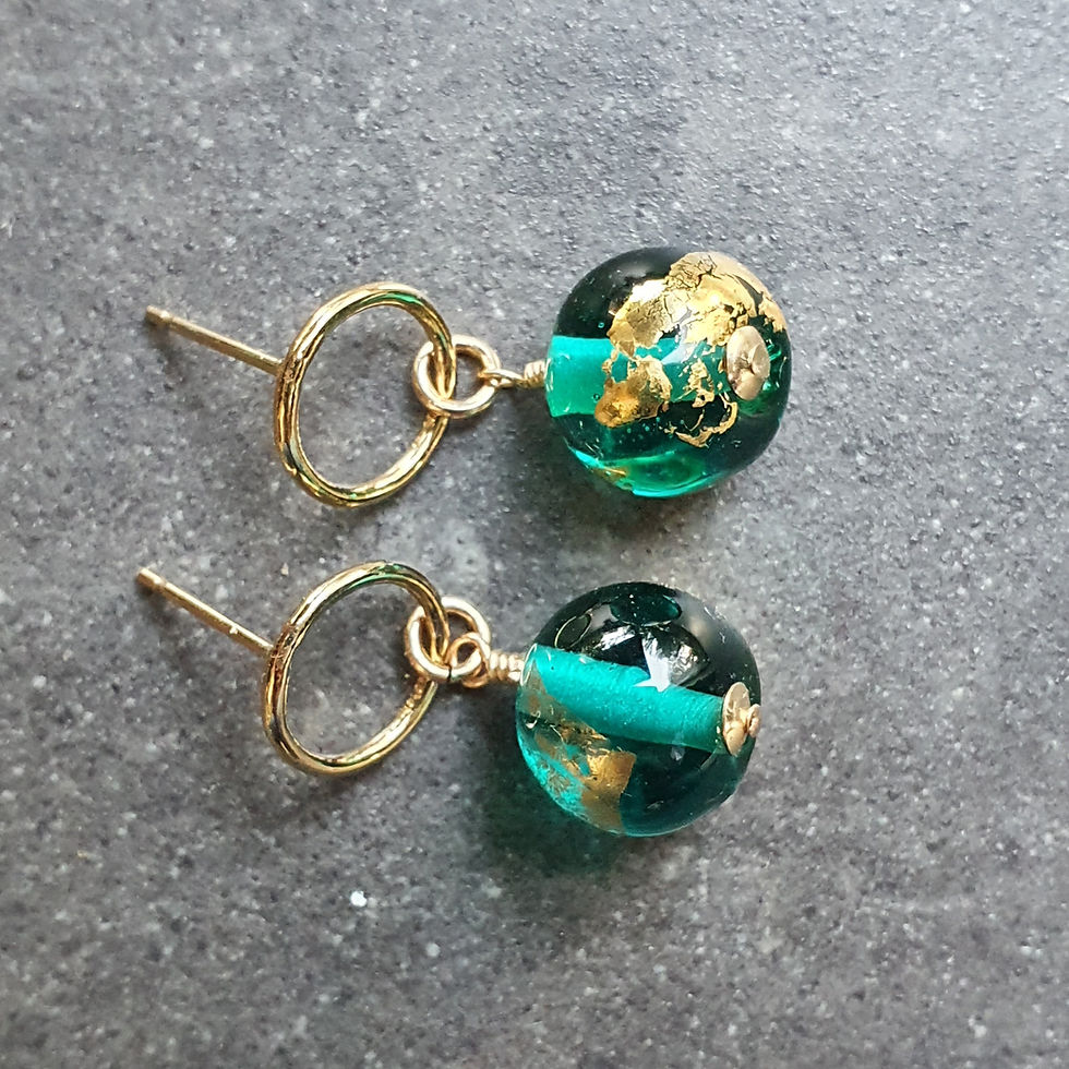 Thumbnail: Holbein Emerald Green Gold Globe Murano Glass Dangle Earrings