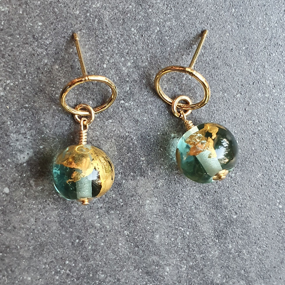 Thumbnail: Holbein Light Green Gold Globe Murano Glass Dangle Earrings