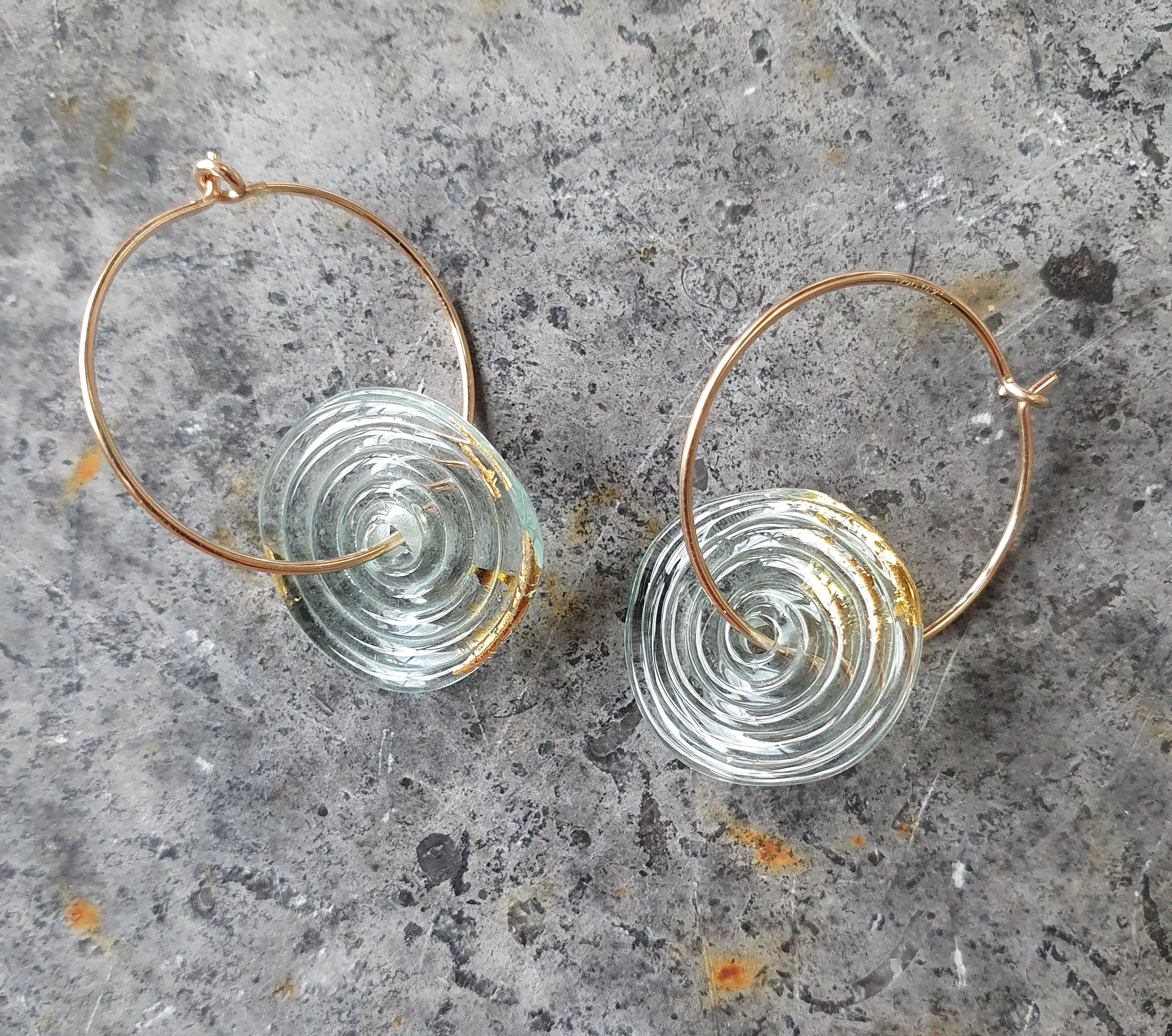 Contemporary Murano Lampwork Glass Disc and Gold Hoop Earrings