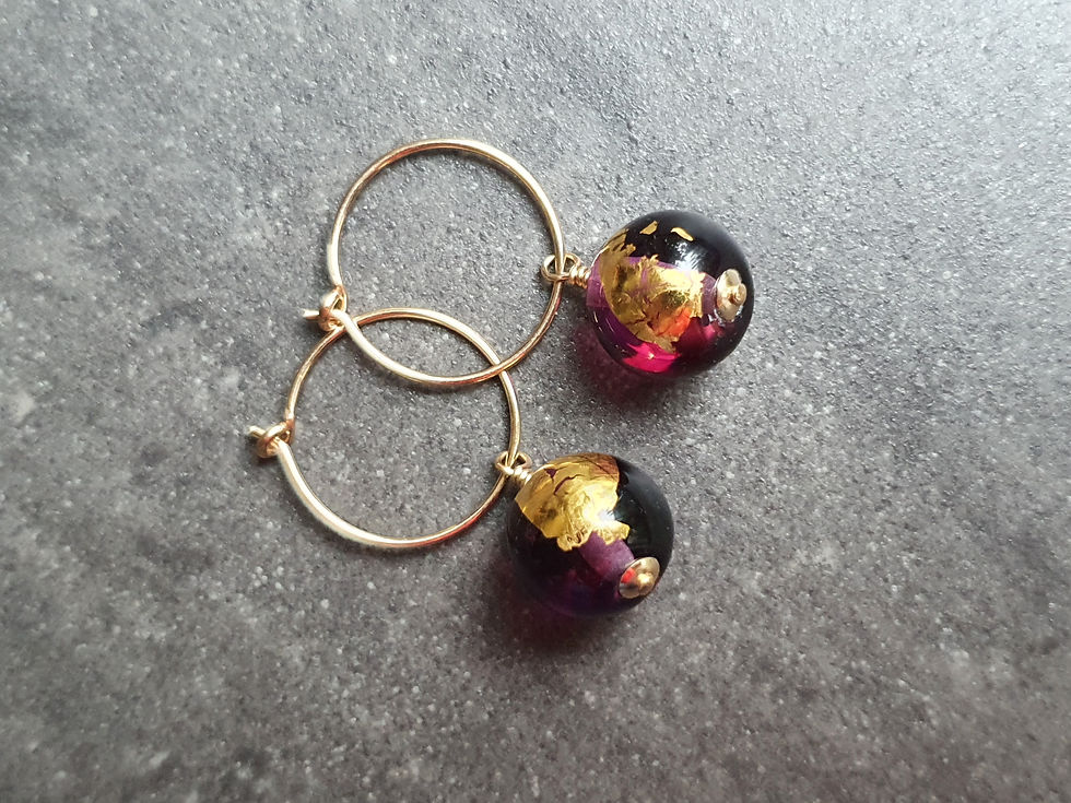 Thumbnail: Holbein Purple Clear Gold Globe Murano Glass Hoop Earrings